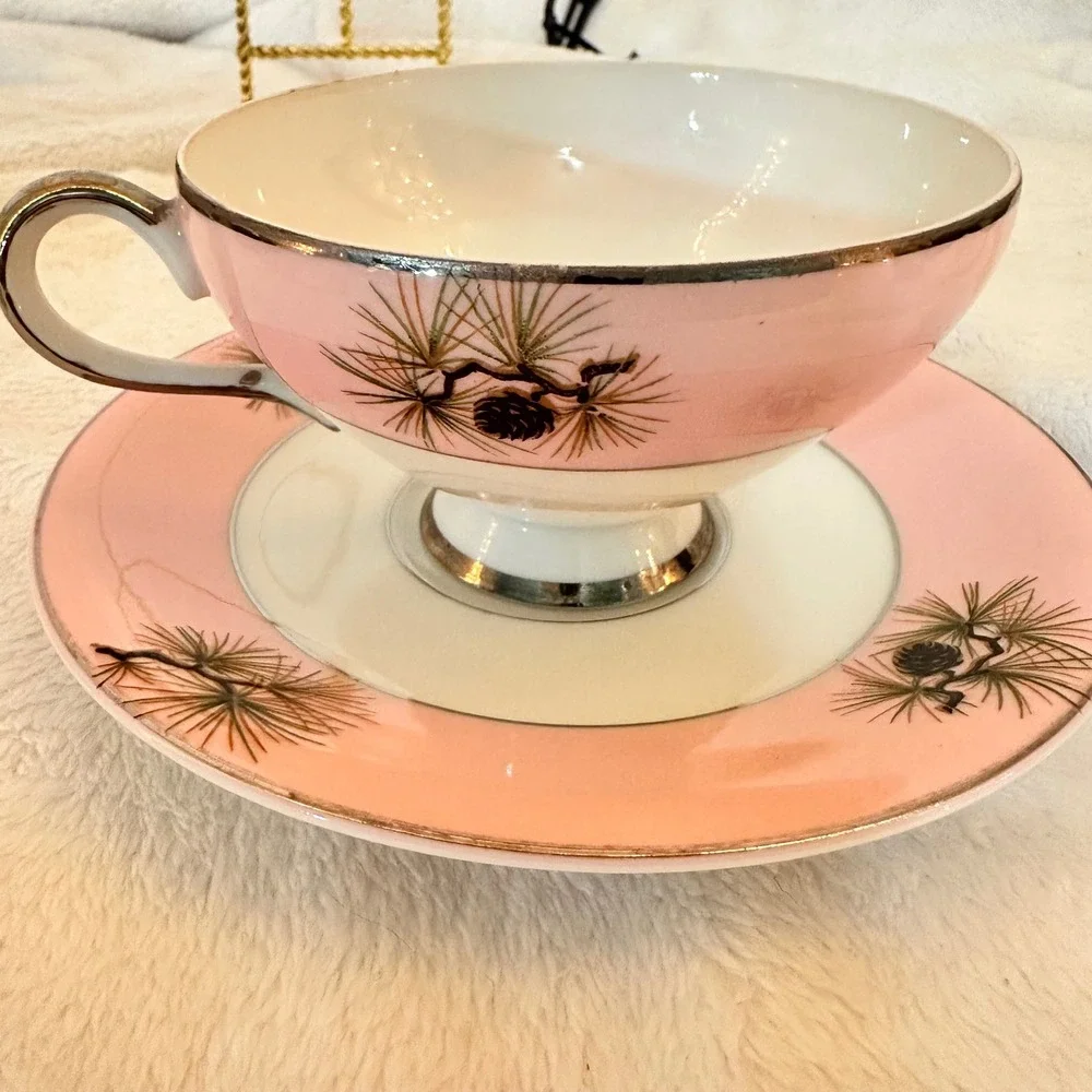 Unbranded Vintage Tea Cup and Saucer Set Pink Excellent Pine Cone Silver Trim